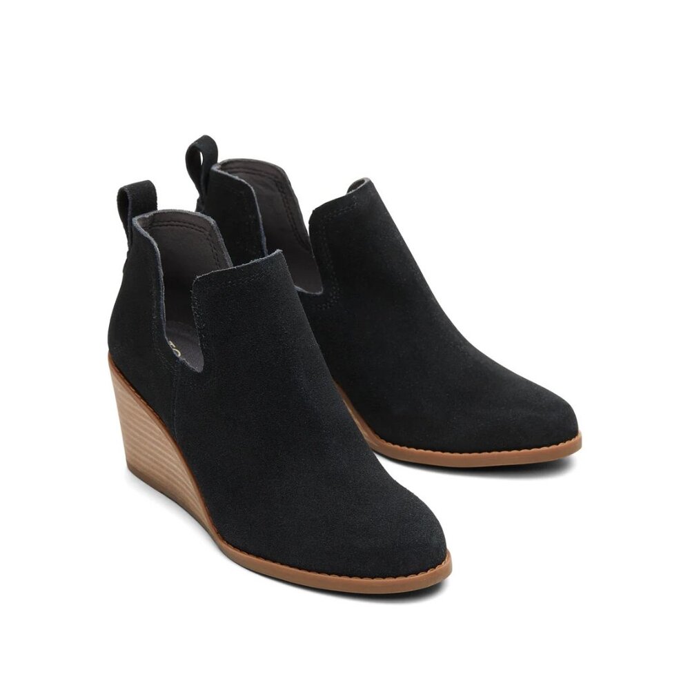 Toms Black Suede Wedge Ankle Booties with Tan Wedge